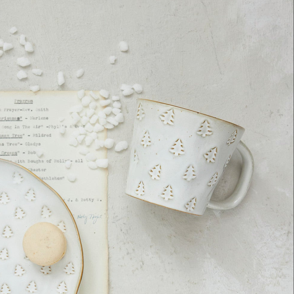 Gold Trimmed Debossed Trees Stoneware Mug