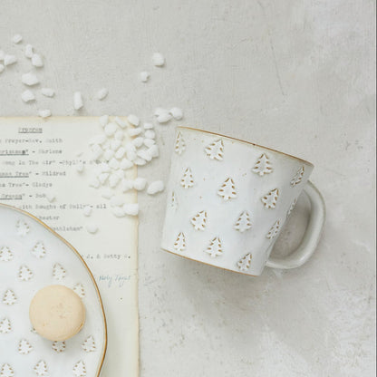 Gold Trimmed Debossed Trees Stoneware Mug