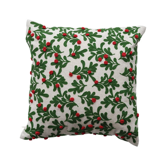 Embroidered Mistletoe Linen Pillow