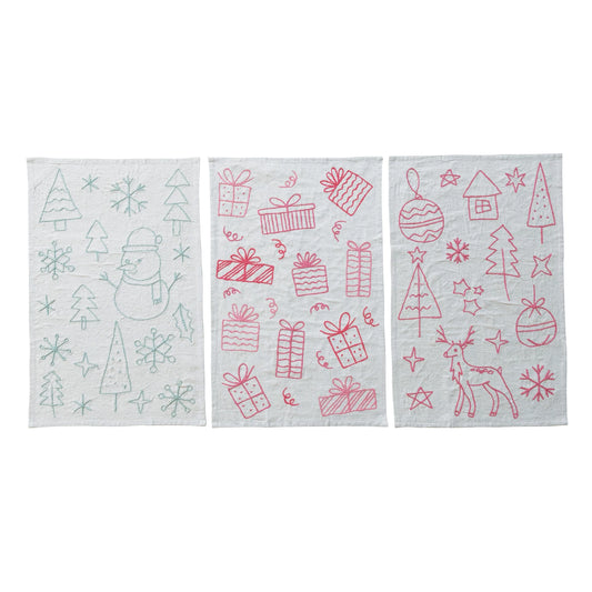 Embroidered Holiday Illustrations Tea Towel Set