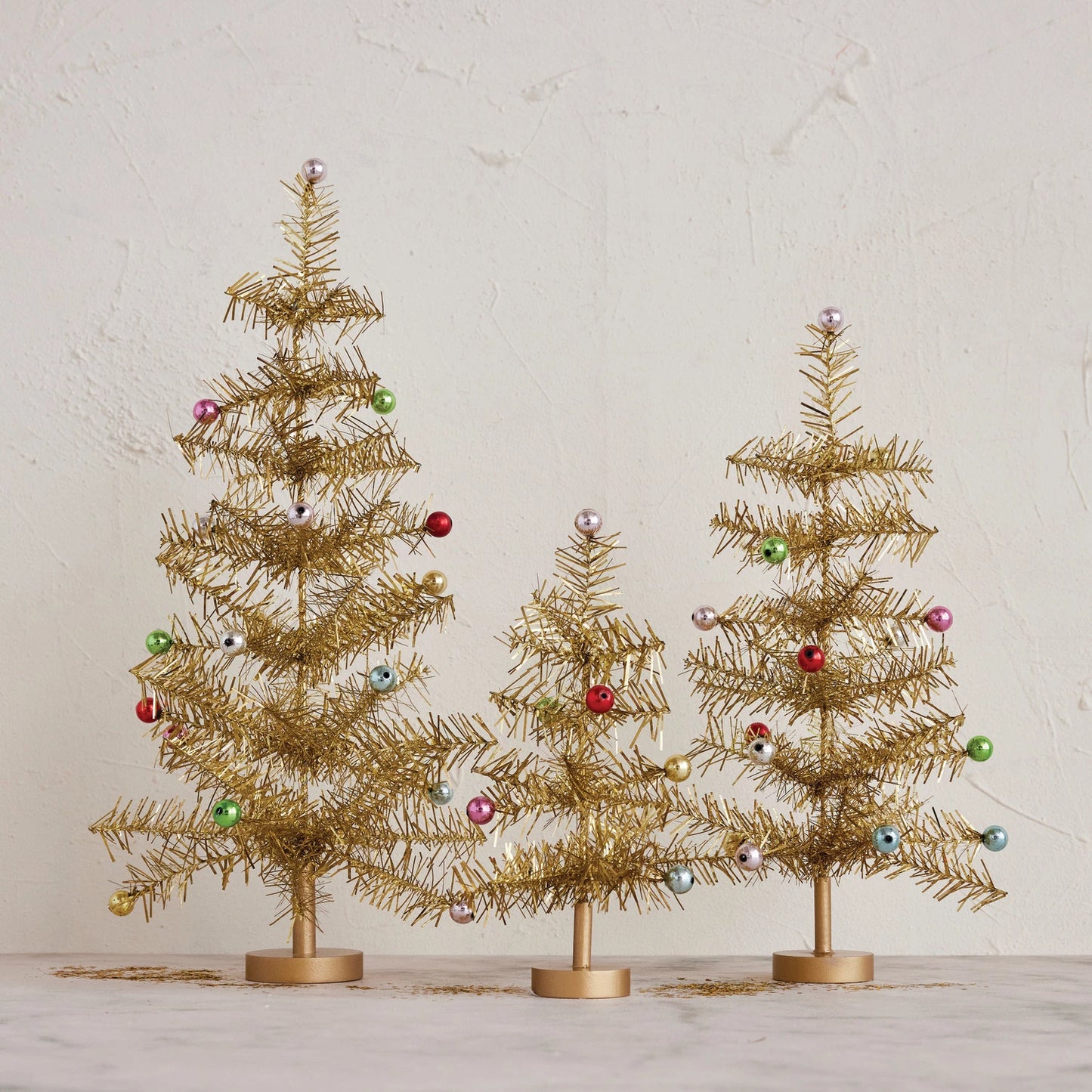 Gold Tinsel Tree with Colorful Ornaments