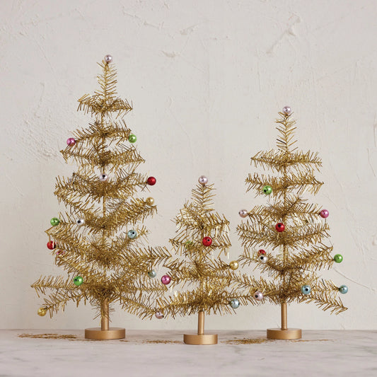 Gold Tinsel Tree with Colorful Ornaments