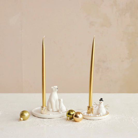 Gold and Stoneware Snowman Taper Holder