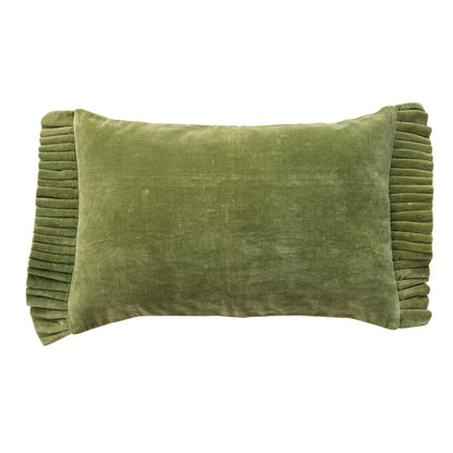 Moss Green Velvet Lumbar Pillow with Ruffle Trim