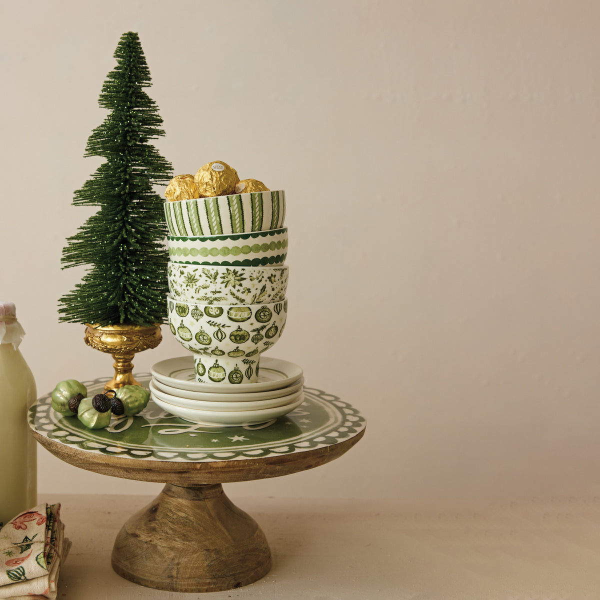 Stoneware Footed Bowl with Holiday Patterns