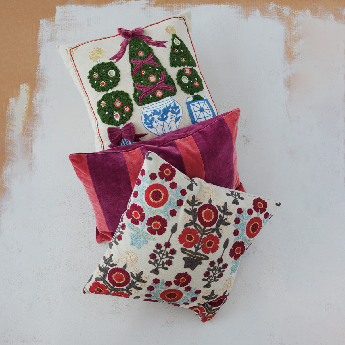 Cotton Chambray Floral Embroidered Pillow