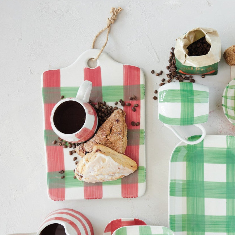 Painted Red & Green Plaid Stoneware Serving Board