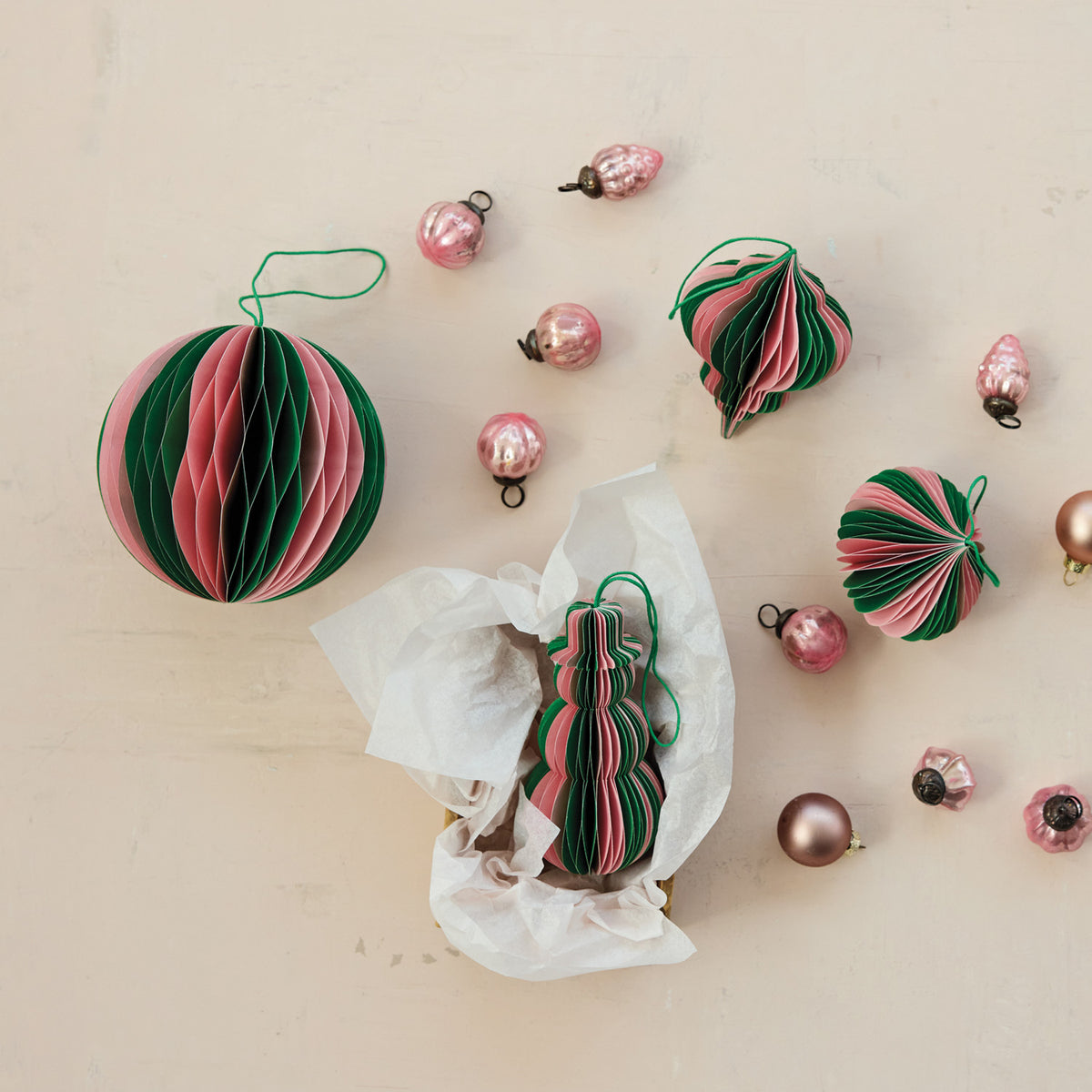 Green & Pink Paper Honeycomb Ball Ornament