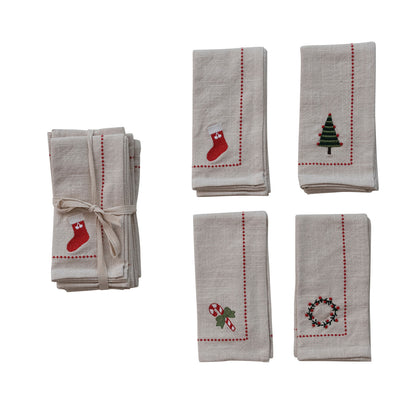 Neutral Cotton Napkins with Embroidered Holiday Icons