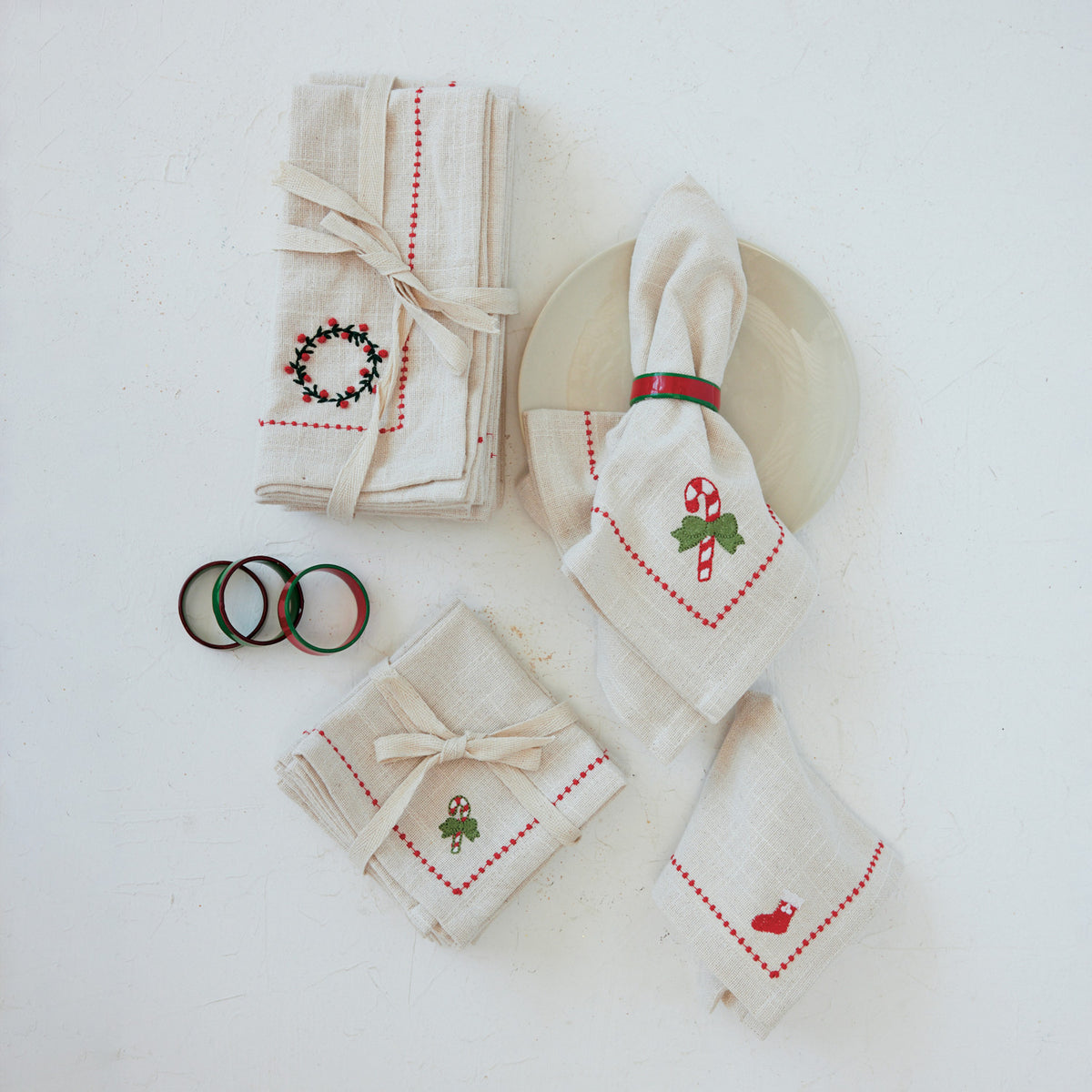 Neutral Cotton Napkins with Embroidered Holiday Icons