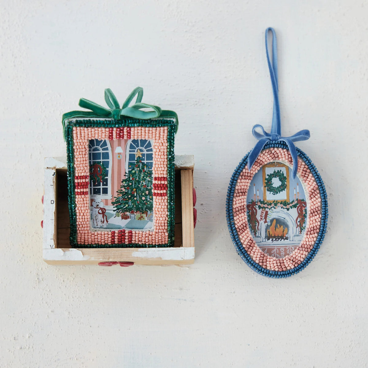 Glass Beaded Photo Frame Ornament with Velvet Bow