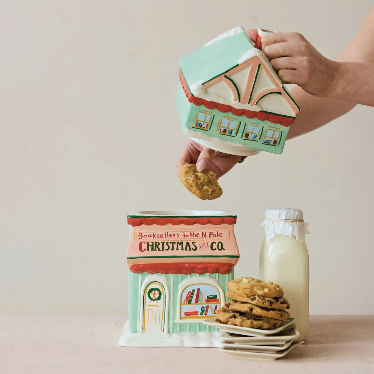 Hand-Painted Ceramic Bookstore Shaped Cookie Jar