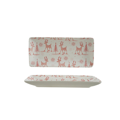 Pink & White Stoneware Platter with Reindeer
