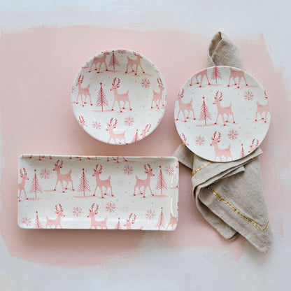 Pink & White Stoneware Platter with Reindeer