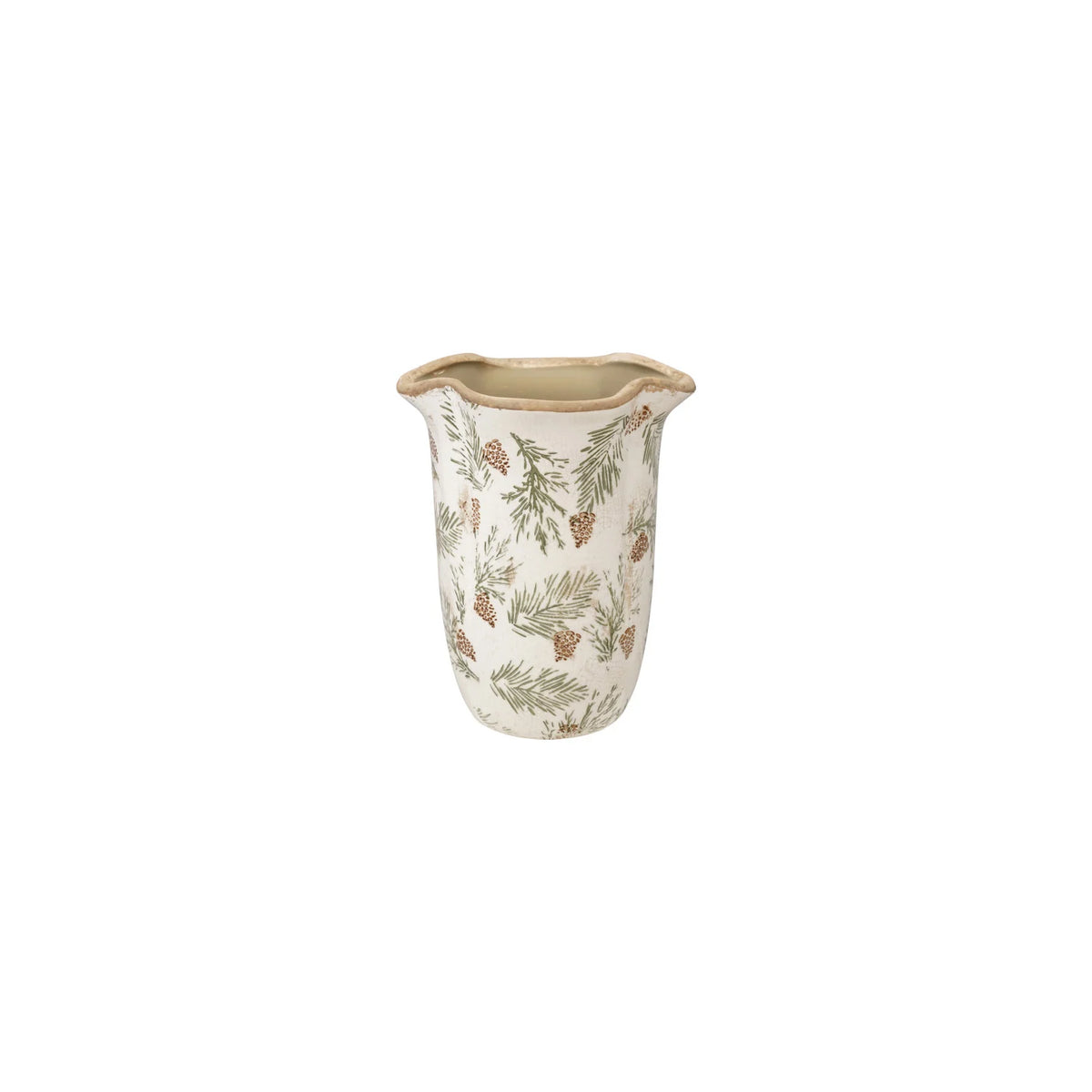 Pine Bough Pattern Stoneware Scalloped Planter/Vase