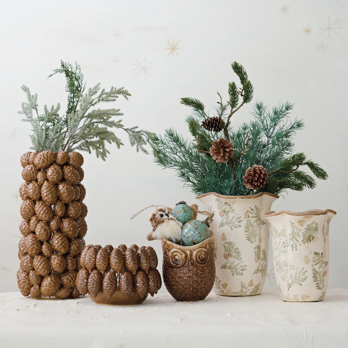 Pine Bough Pattern Stoneware Scalloped Planter/Vase