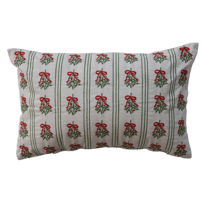 Striped & Embroidered Mistletoe Pillow