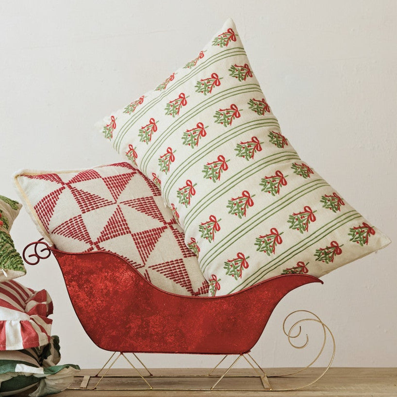 Striped & Embroidered Mistletoe Pillow