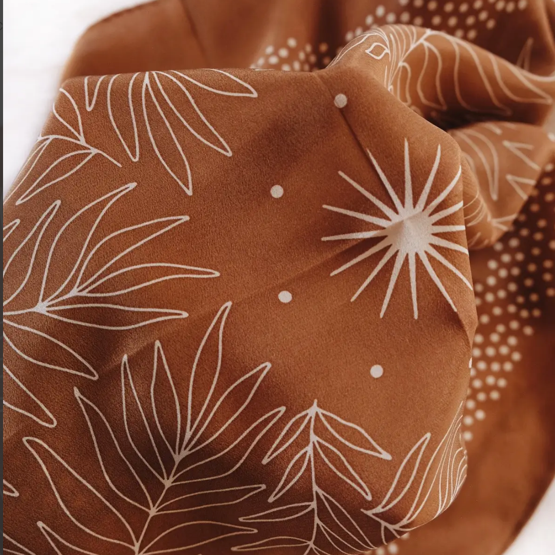 100% Silk Bandana Scarf- Tropical Palms Amber
