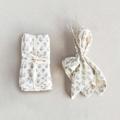 18" Square Cotton Napkins w/ Printed Floral Pattern, Charcoal & Cream Color, Set of 4
