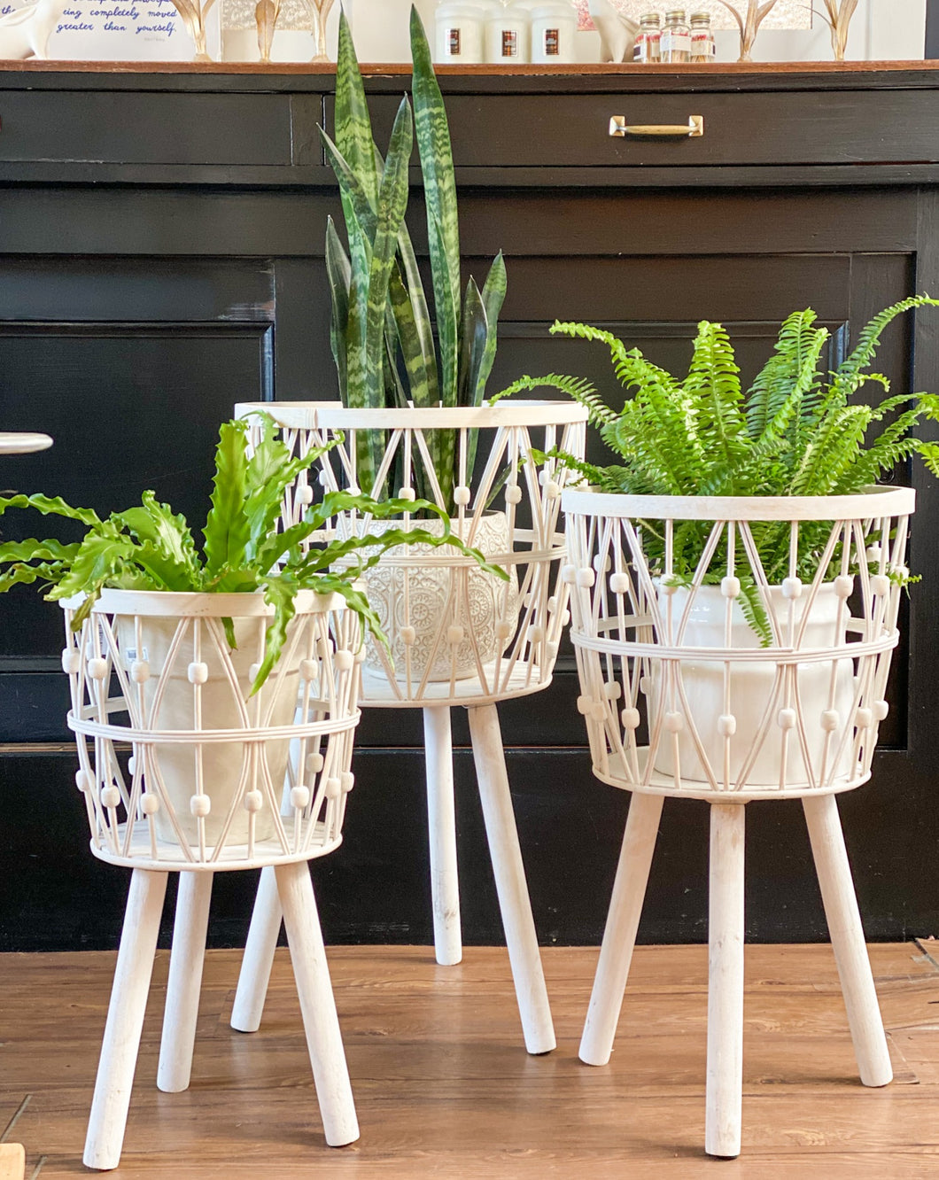 White Woven Bamboo Basket Stands