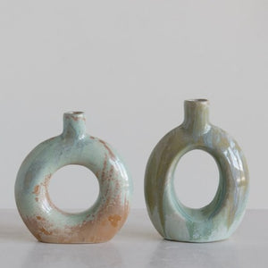 Stoneware Cutout Vase, Opal Reactive Glaze, Celadon Color,