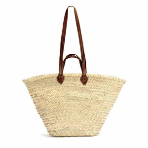 Handmade French Woven Basket with Double Leather Handle Handles