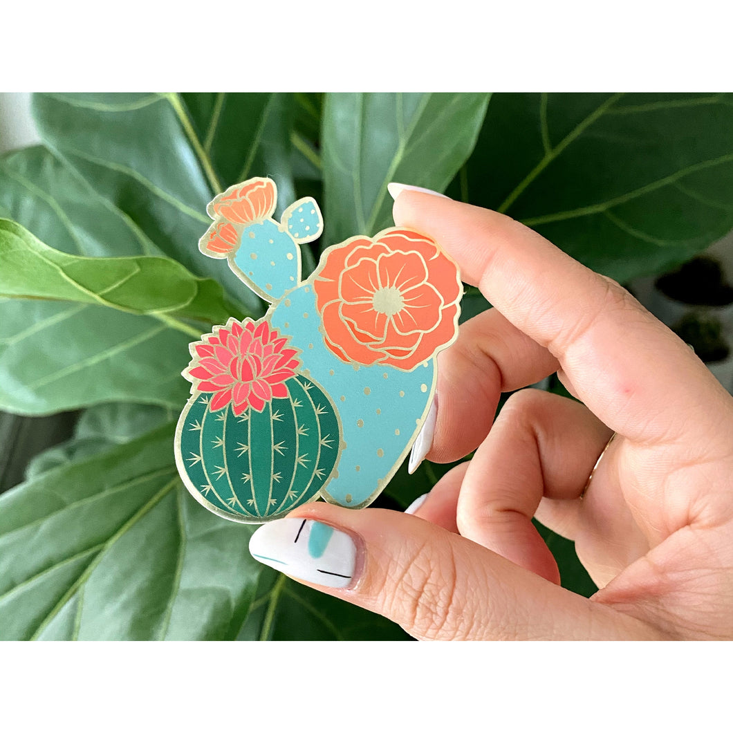 Blooming Cacti sticker with metallic accents 