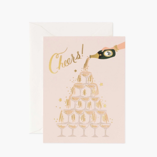 Sketch of Woman's Hand pouring Champagne over a tower of overfilled coupe glass tower 