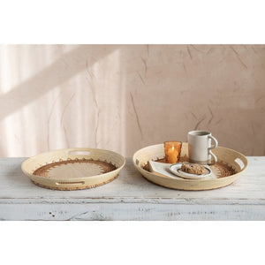 Hand-Woven Rattan & Oak Wood Veneer Trays with coffee and snacks on top