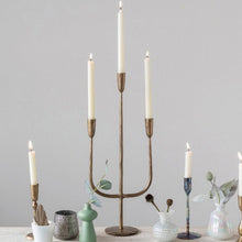 Load image into Gallery viewer, 3 tier candelabra with light cream candles on tablescape
