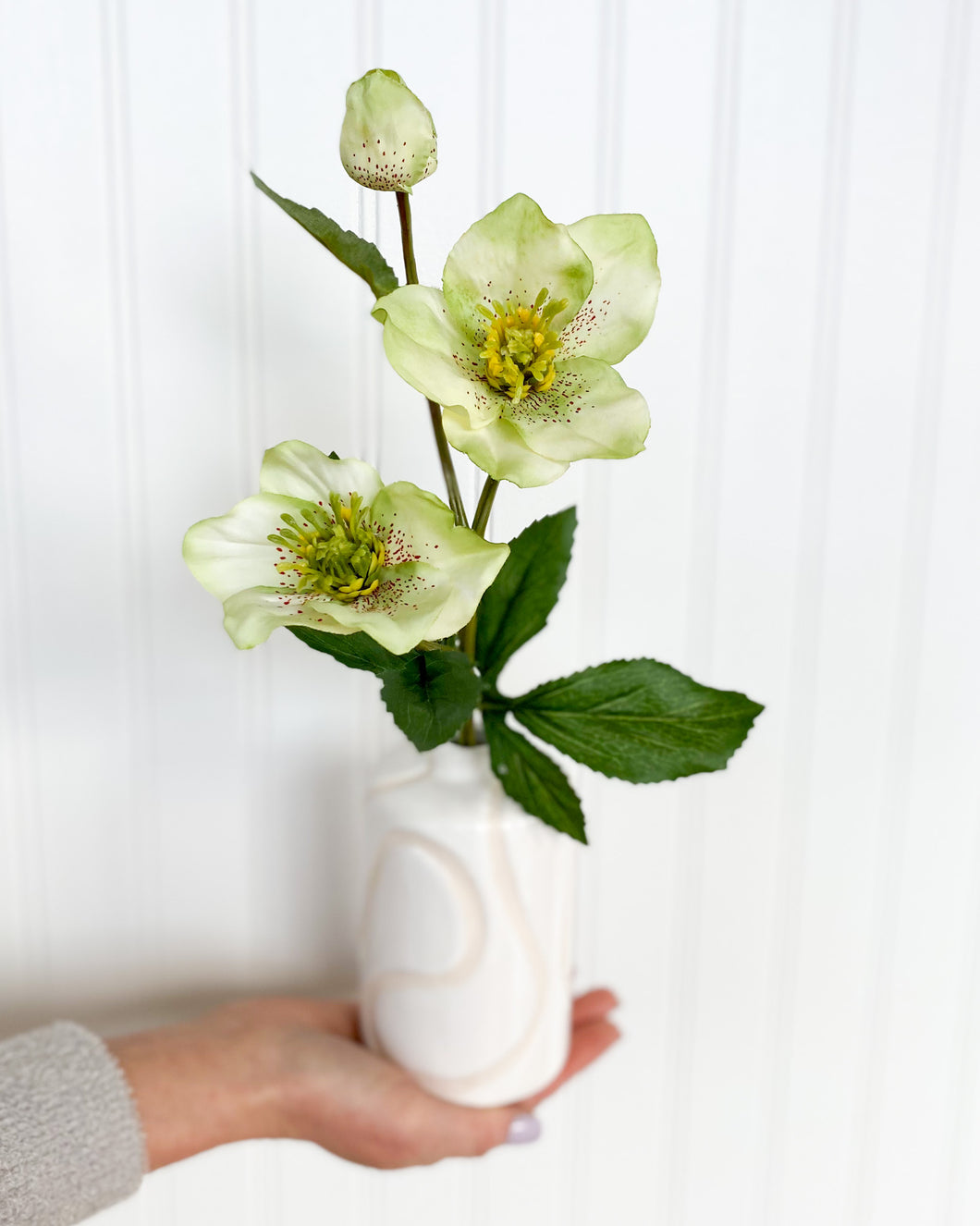 Artificial Silk Green Hellebore Stem in White Bud Vase