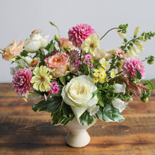 Load image into Gallery viewer, Large Fresh Designer Floral Arrangement with seasonal flowers in designer vase on table 
