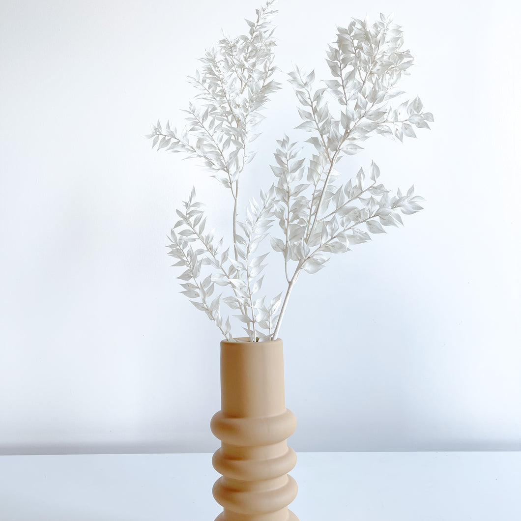 White Preserved Ruscus in Modern Mustard vase 