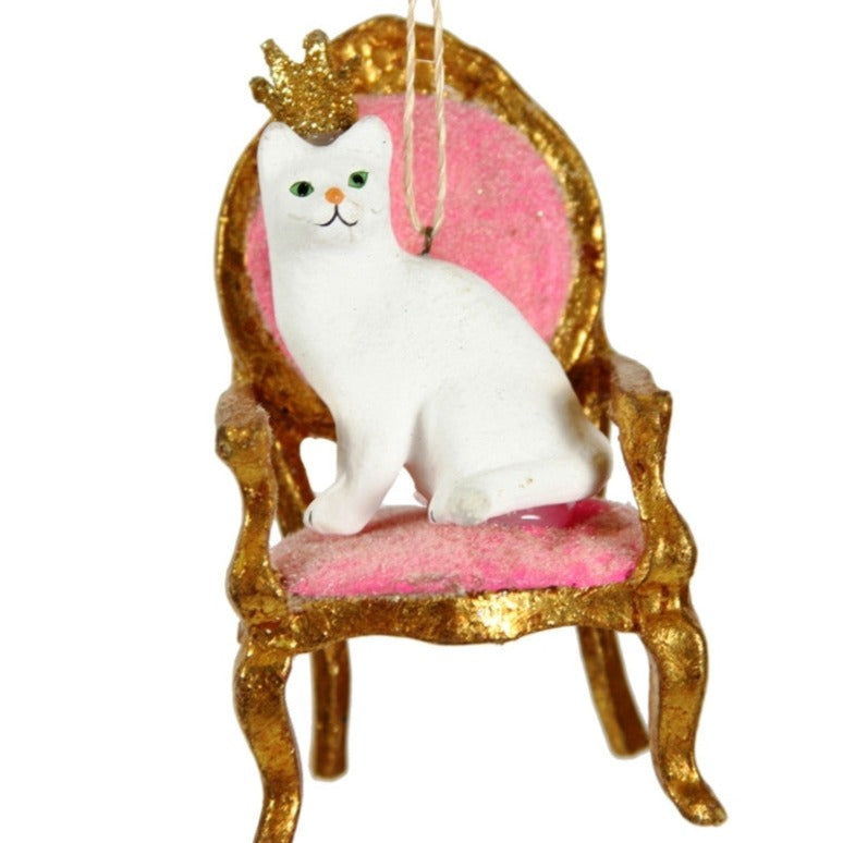 white cat on Pink and Gold Chair with Golden Sparkle Crown