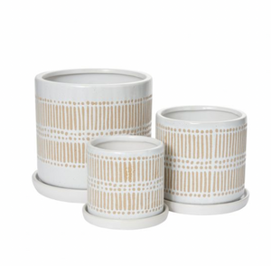 Linden Pot is White with cream horizontal dash and dot pattern  in 3 size