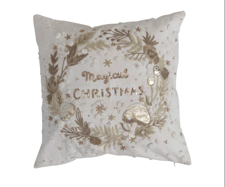 White & Gold Magical Christmas Wreath Pillow