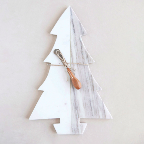 Two tone marble tree cutting board tied with serving spreader 