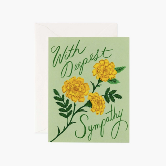 Green sympathy card with vintage yellow Marigold drawing