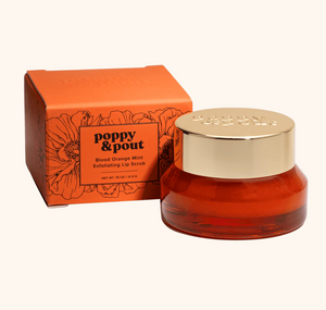 Poppy & Pout Blood Orange Mint Lip Scrub pictured with box and colored glass vessel 