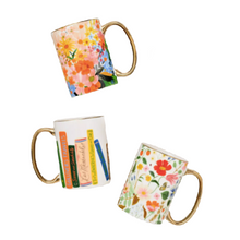 Load image into Gallery viewer, porcelain mugs feature illustrated designs and a gilded rim and handle
