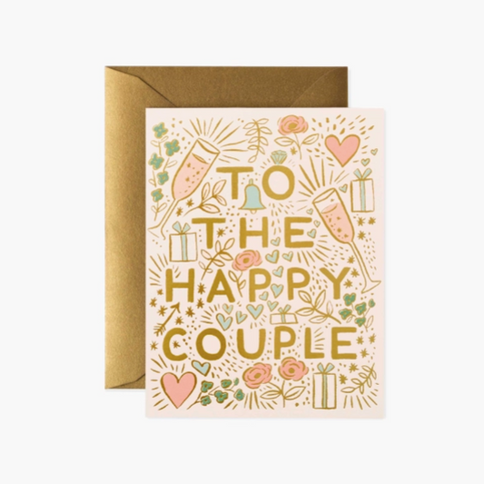Pastel Pink and green florals and heart sketched with Champagne glasses and presents on greeting card with gold envelope 