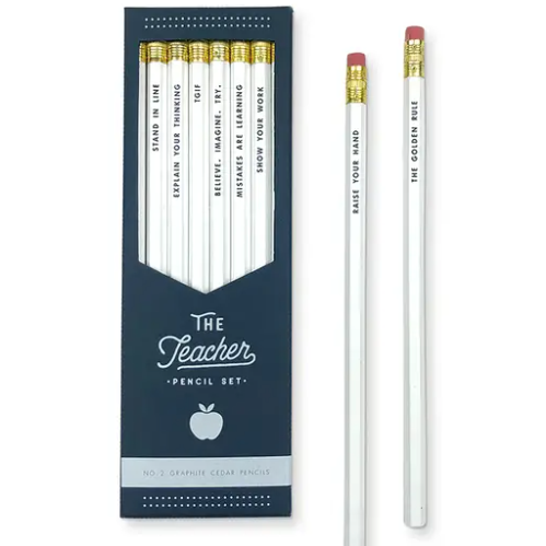 The foil messages on our Teacher Pencil Set are sure to show your favorite teacher just how much you appreciate them. This pencil set comes in a hand die-cut box perfect for gifting. Pencil phrases include: Raise Your Hand, Stand in Line, Explain Your Thinking, TGIF, Believe. Imagine. Try., Mistakes are Learning, Show Your Work, and The Golden Rule.