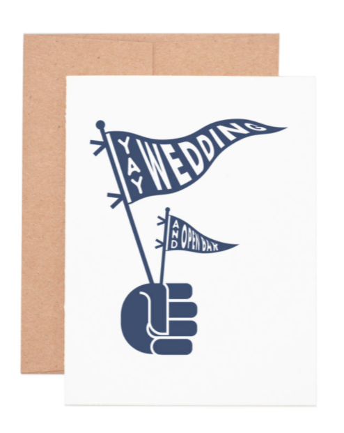 This greeting card is great for the happy couple that knows how to throw a good party. The letterpress design features the message, “Yay wedding and open bar.” This card will show your appreciation even more when paired with a nice gift.