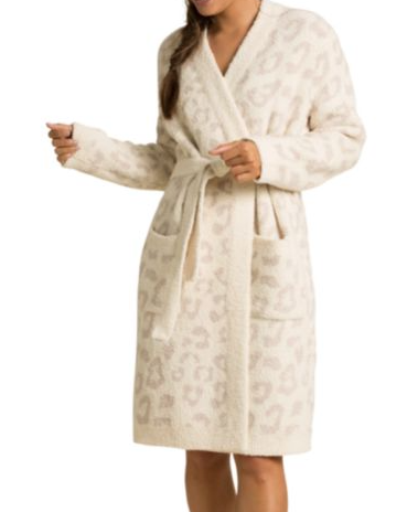 A soft robe with a leopard-print design and belt tie closure.