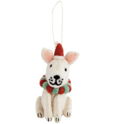 White Frenchie pup with Santa hat and holiday collar