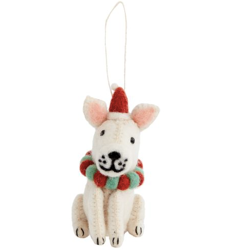 White Frenchie pup with Santa hat and holiday collar