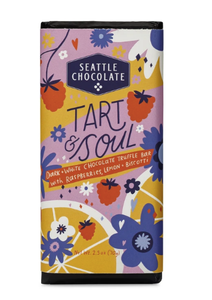 Seattle Chocolate Tart and Soul Bar colorful floral and raspberry label
