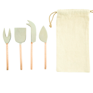 Set of Copper handled cheese knives with draw string bag