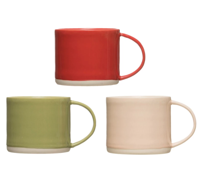 3 mugs in red, green, and pink